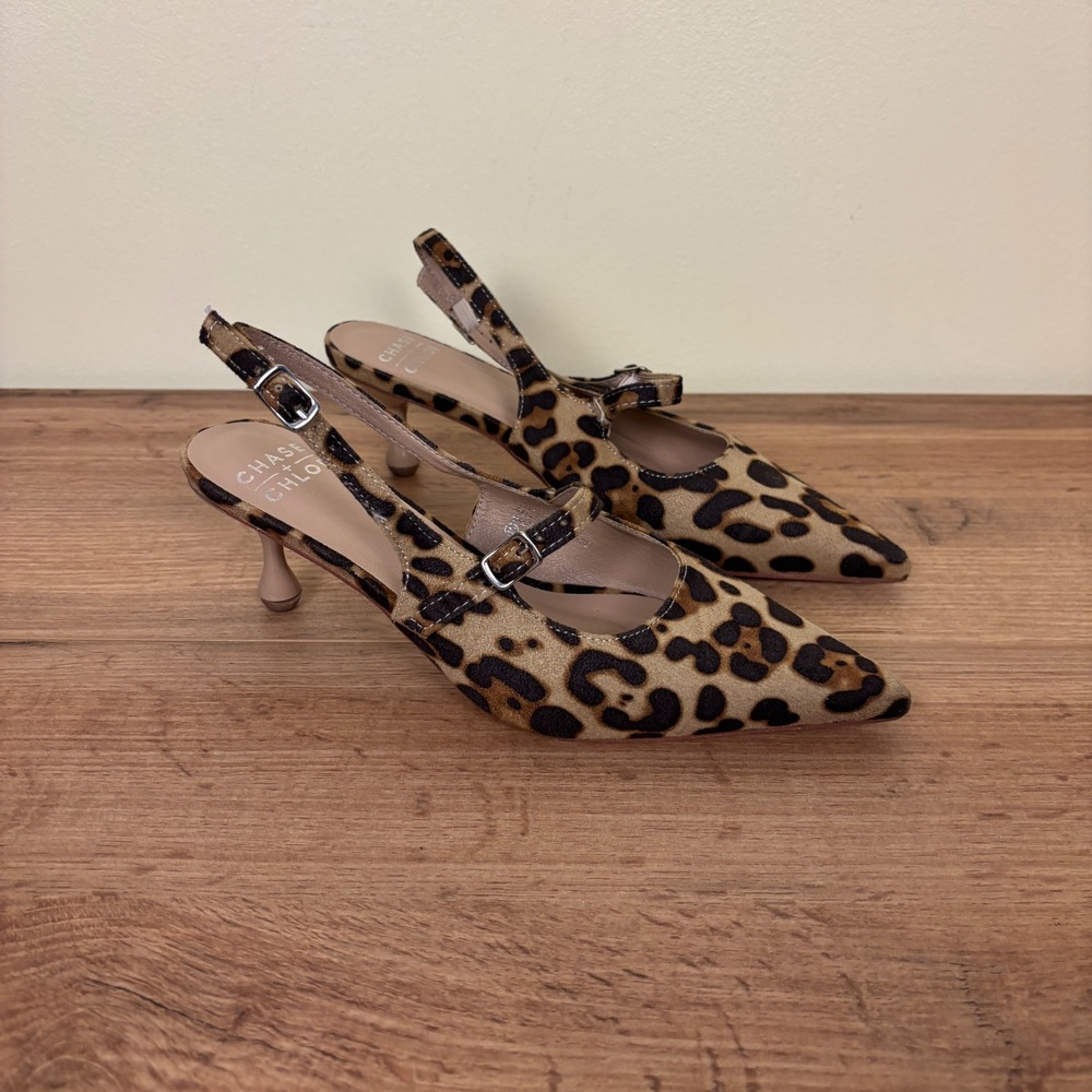 CHASE + CHLOE Arima Slingback Pump Heel Brown Leopard Women Size 5.5 Pointed Toe